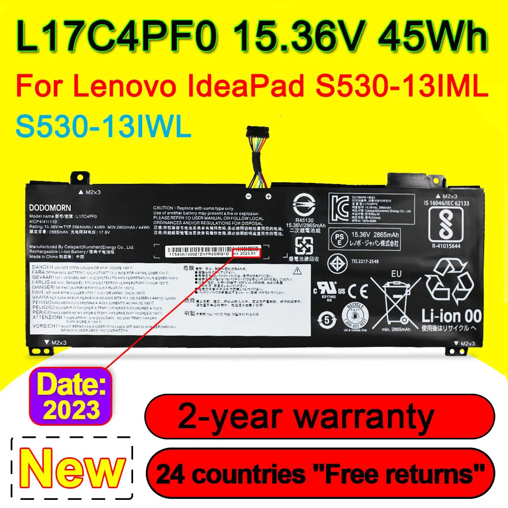 15.36V 45Wh 2964mAh L17C4PF0 Laptop Battery For Lenovo Xiaoxin Air 13IWL 13IML,Ideapad S530-13IWL L17M4PF0 5B10R38649 5B10W67314