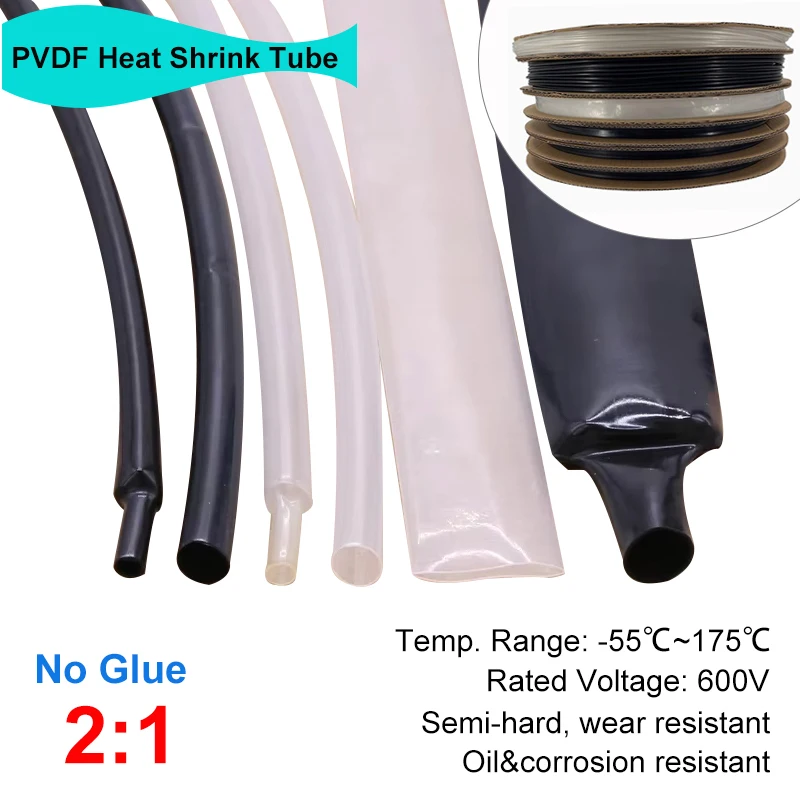 1/5/10M 2:1 PVDF Heat Shrink Tube Dia. 0.8~ 25.4mm 600V Oil Resistant High Temperature Cable Protector Sleeve Black/Transparent