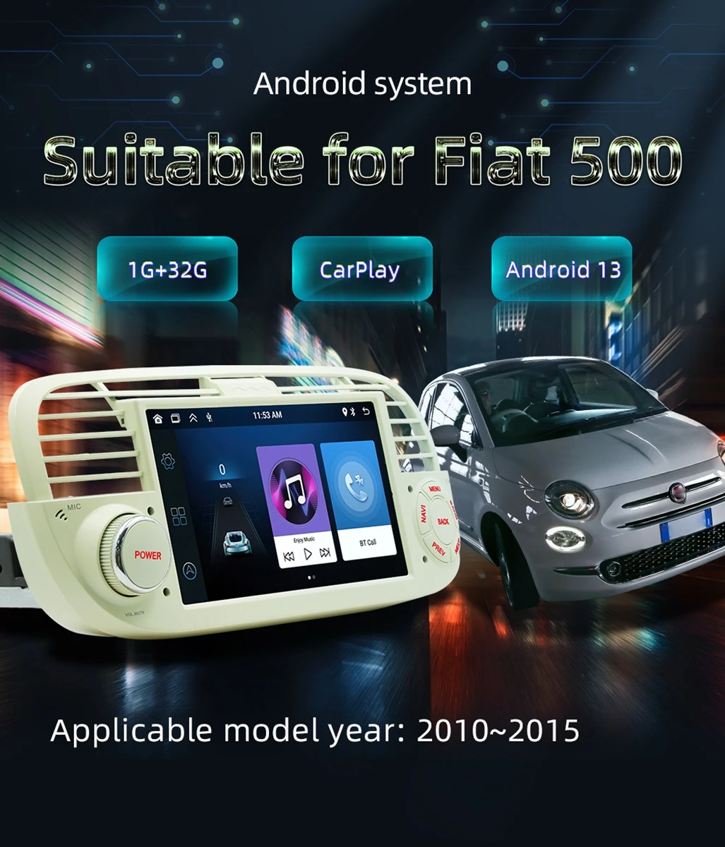 7 Inches WiFi Bluetooth Android 13 Car GPS Navi Player Steering Wheel Control Driving Recorder 2GB+64GB for FIAT 500 2010-2015