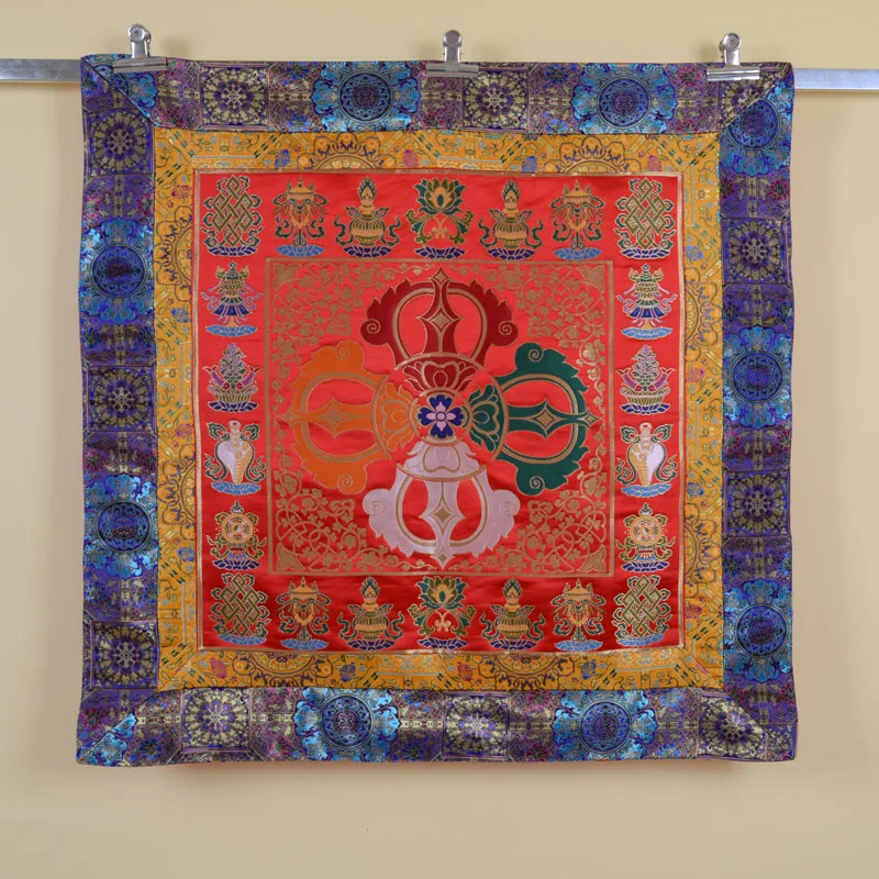 Square Double Vajra Eight Auspicious Altar Tablecloth Tibetan Style Decorative Offering Table Cover, Religious Decor