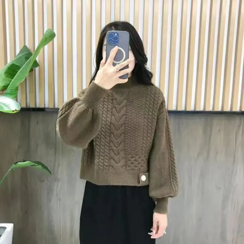 Maglione intrecciato collo mezzo alto pullover addensato autunno e inverno maglia allentata dimagrante nuovo top a maniche lunghe E11594