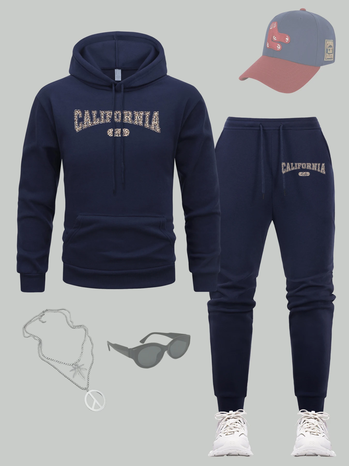 

California Usa City Printed Hoodies Set Men Fleece Hip Hop Jogging Pants Pocket All-Match Hoodie Oversize Autumn Clothes
