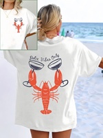 Lobster and wine glass print short-sleeved T-shirt casual and versatile style suitable for summer daily wear and going out