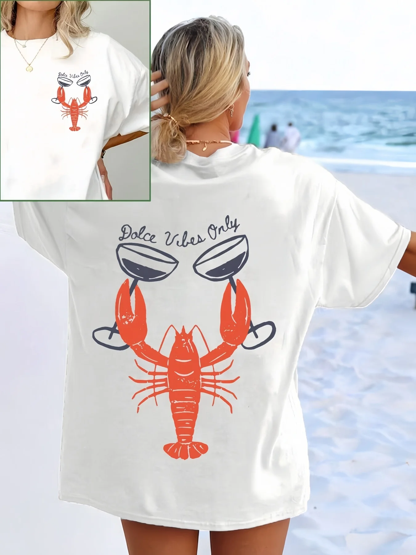 Lobster and wine glass print short-sleeved T-shirt casual and versatile style suitable for summer daily wear and going out
