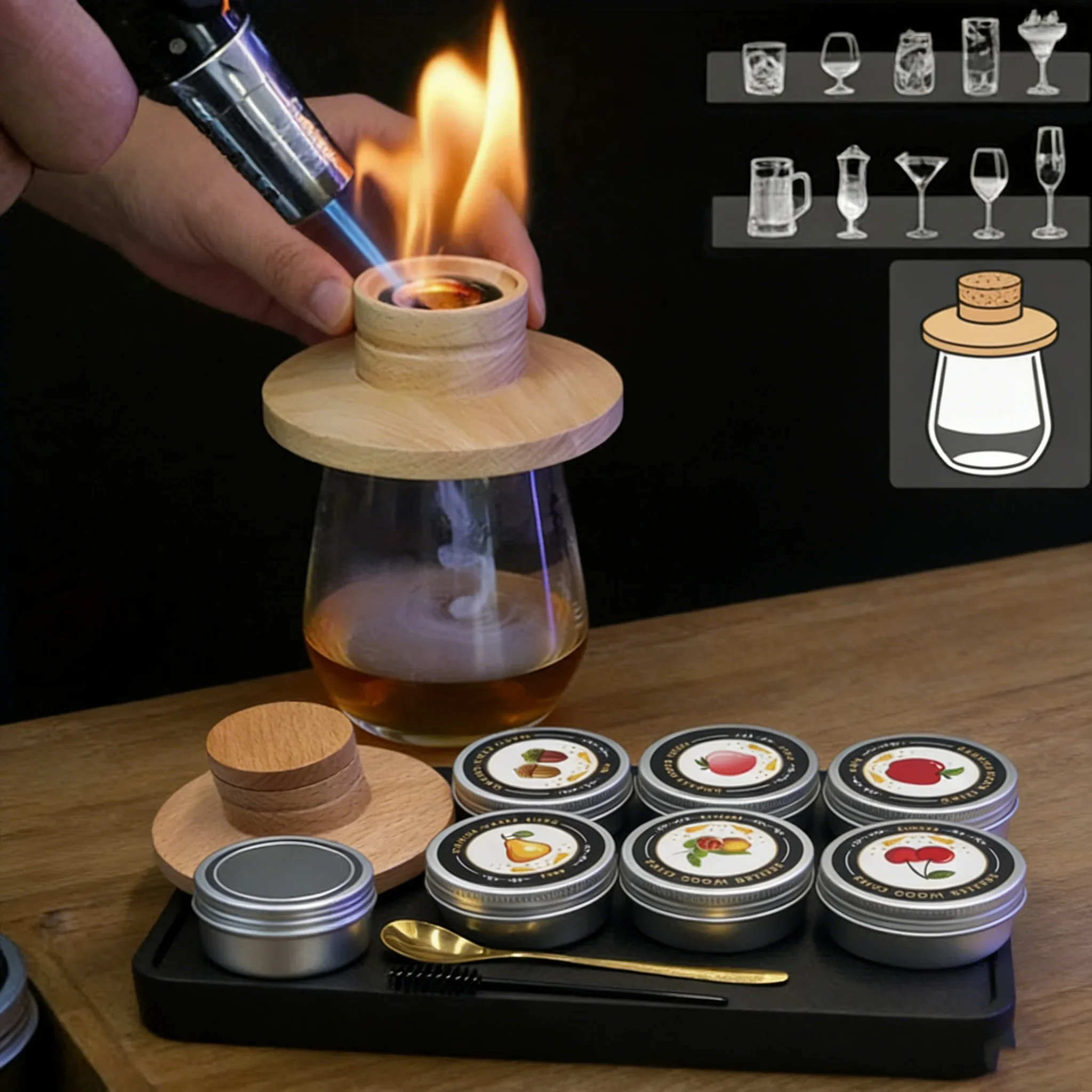 Cocktail Smoker Kit With 6 Flavors Wood Chips Wooden Smoker Hood Drink Infuser Classic Whiskey Bourbon Smoker Set For Bar Tools