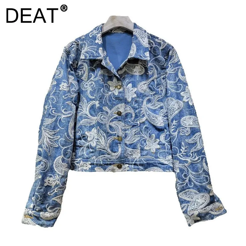 DEAT Women's Denim Coat White Embroidery Single Breasted Blue Jacquard Female Patchwork Jackets 2025 New Fashion Spring 29L8840