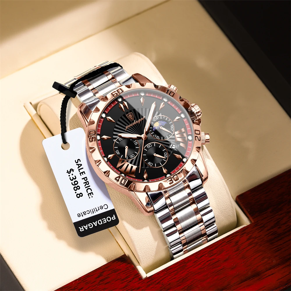 POEDAGAR Luxury Military Watch For Men Waterproof Luminous Chronograph Date Man Wristwatch Stainless Steel Quartz Men's Watches