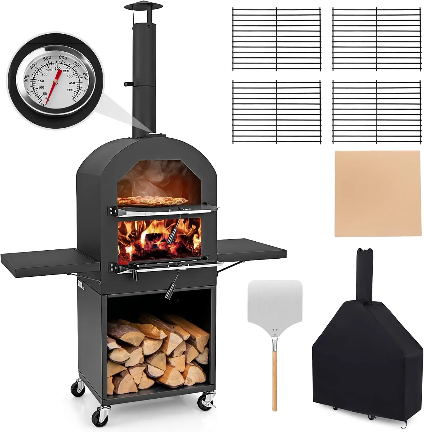 Pizza Oven Outdoor - Wood Fired Oven with 2 Side Tables, Pizza Stone, Peel, Cover, Cooking Grids, Maker on