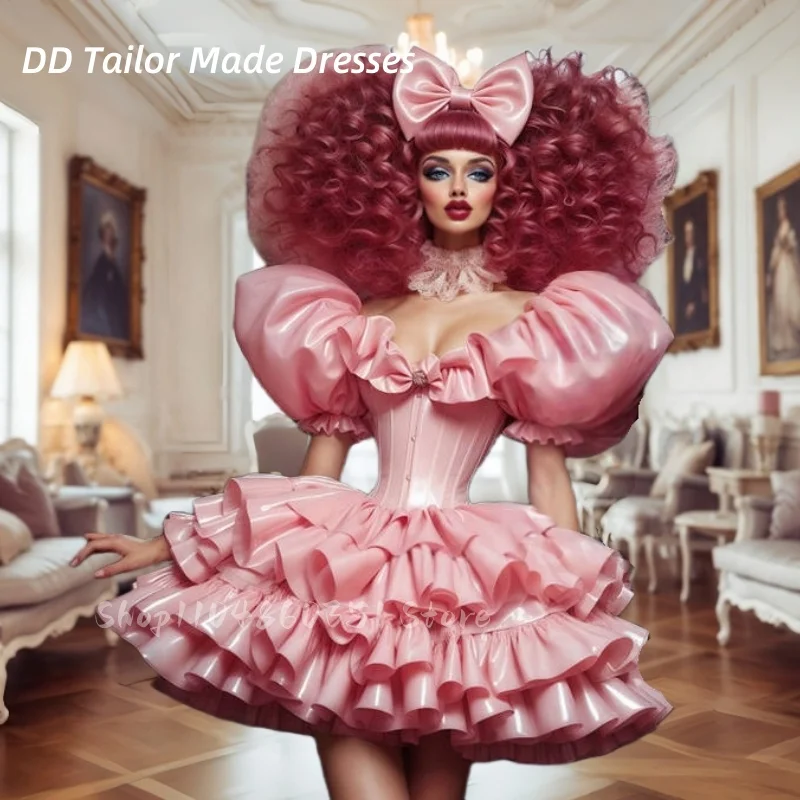 

Ruffles Pink Short Prom Dress Tiered Puff Short Sleeve Lolita Cosplay Party Gown Birthday Special Occasion Wear Customized