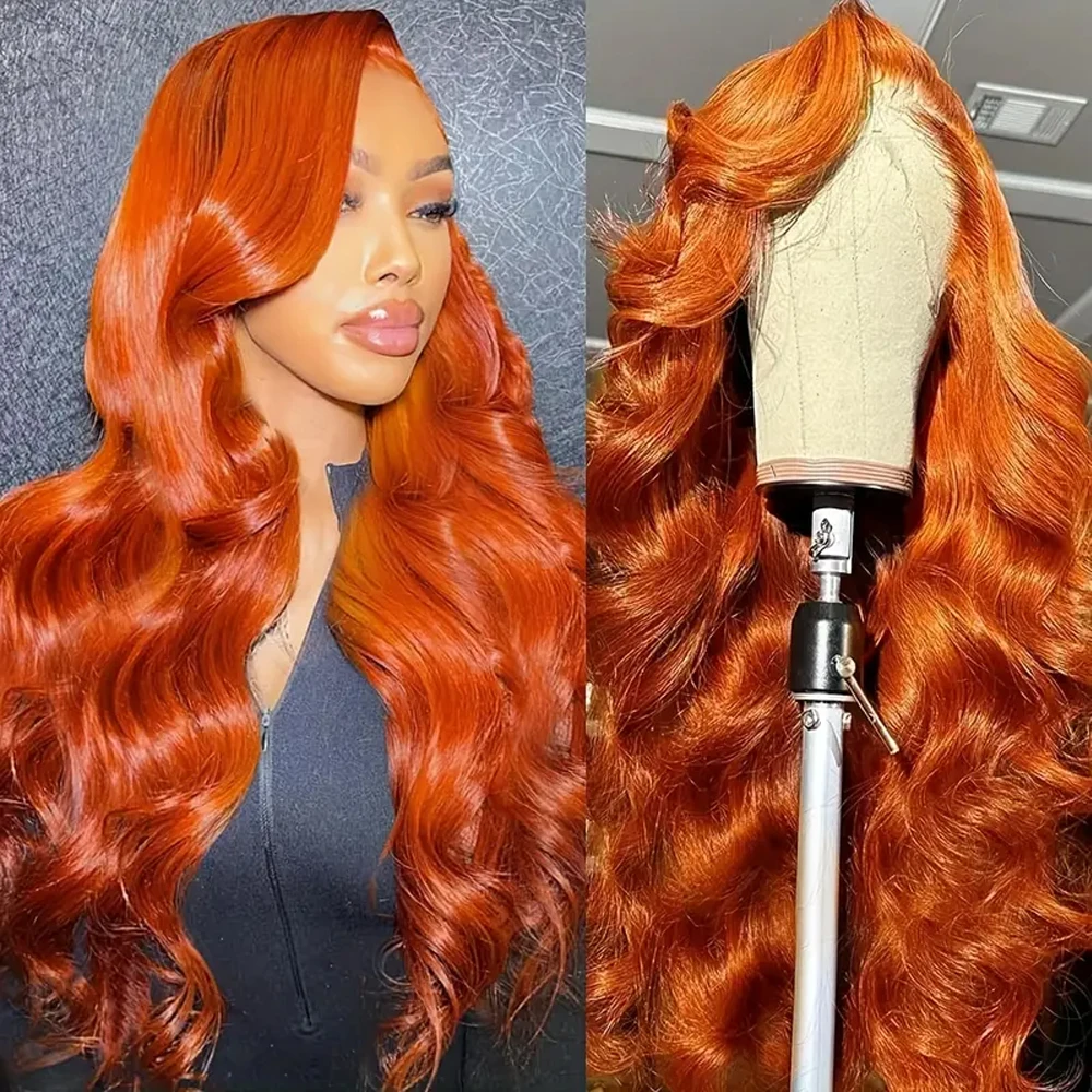 Ginger Orange 38 Inch Lace Front Wigs Human Hair Body Wave Wavy 13x6 HD Lace Front Ginger Glueless Wigs Human Hair 210% Density