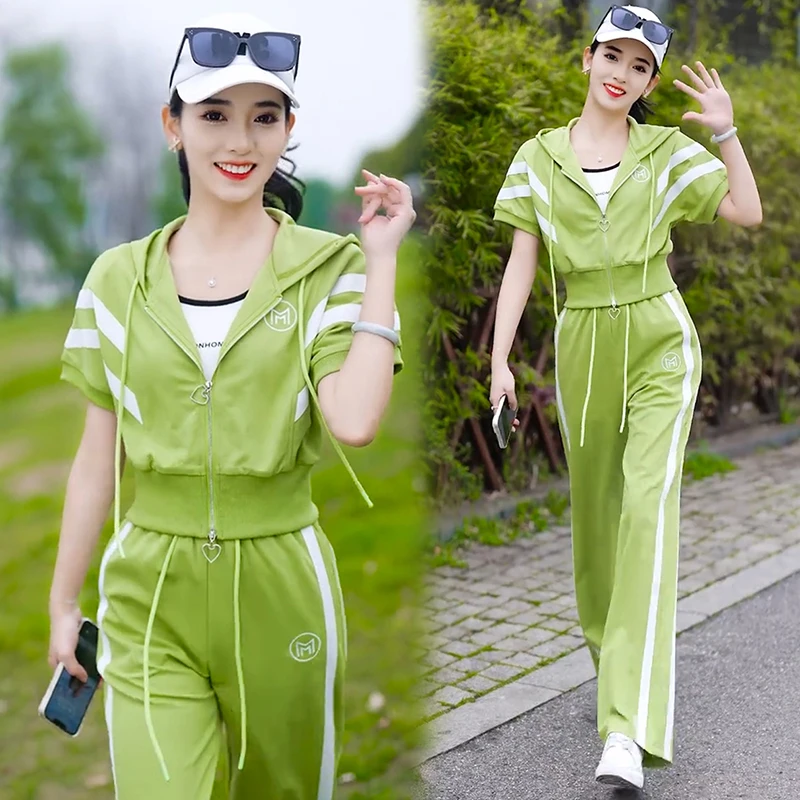 Short sleeve top with zipper for women casual suit high waist pants wide leg pants loose fashion summer