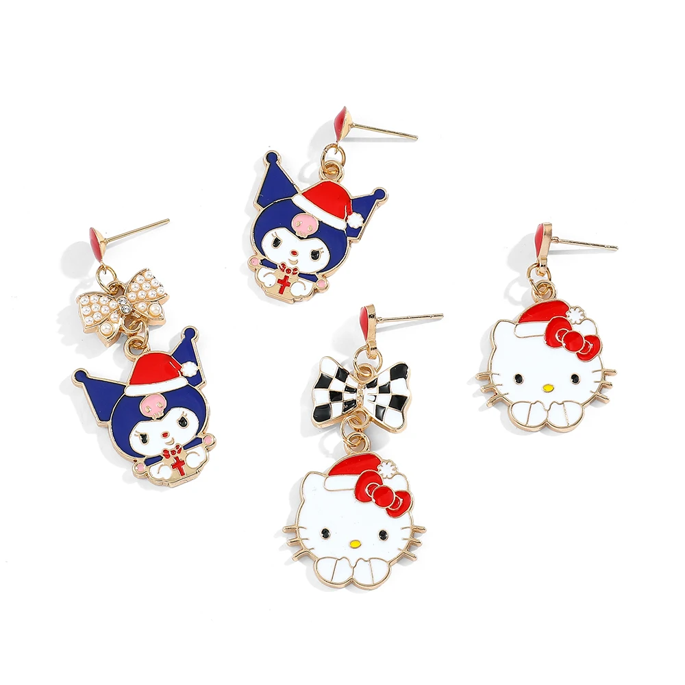 Anime Sanrio Earrings Cute Cartoon Figure Christmas Kuromi Hello Kitty Metal Badge Pendant Ear Drop Earrings Kawaii Jewelry