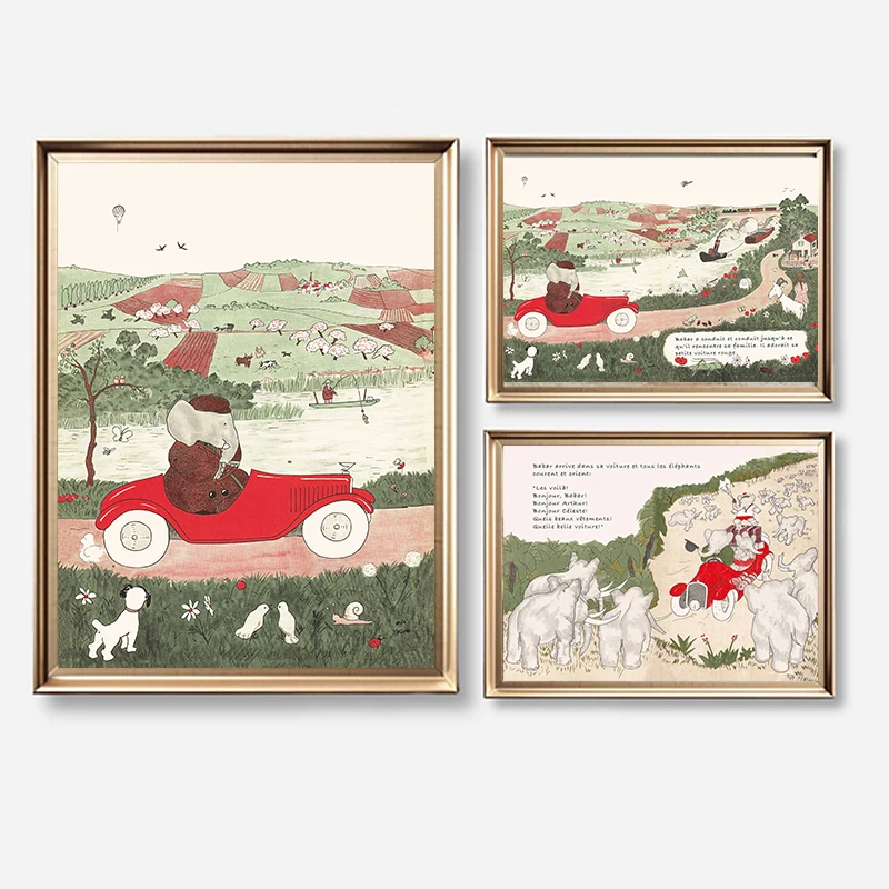 Babar The Elephant Vintage French Fairy Tales Poster and Prints Canvas Printing Wall Art Picture for Living Room Home Decor Gift