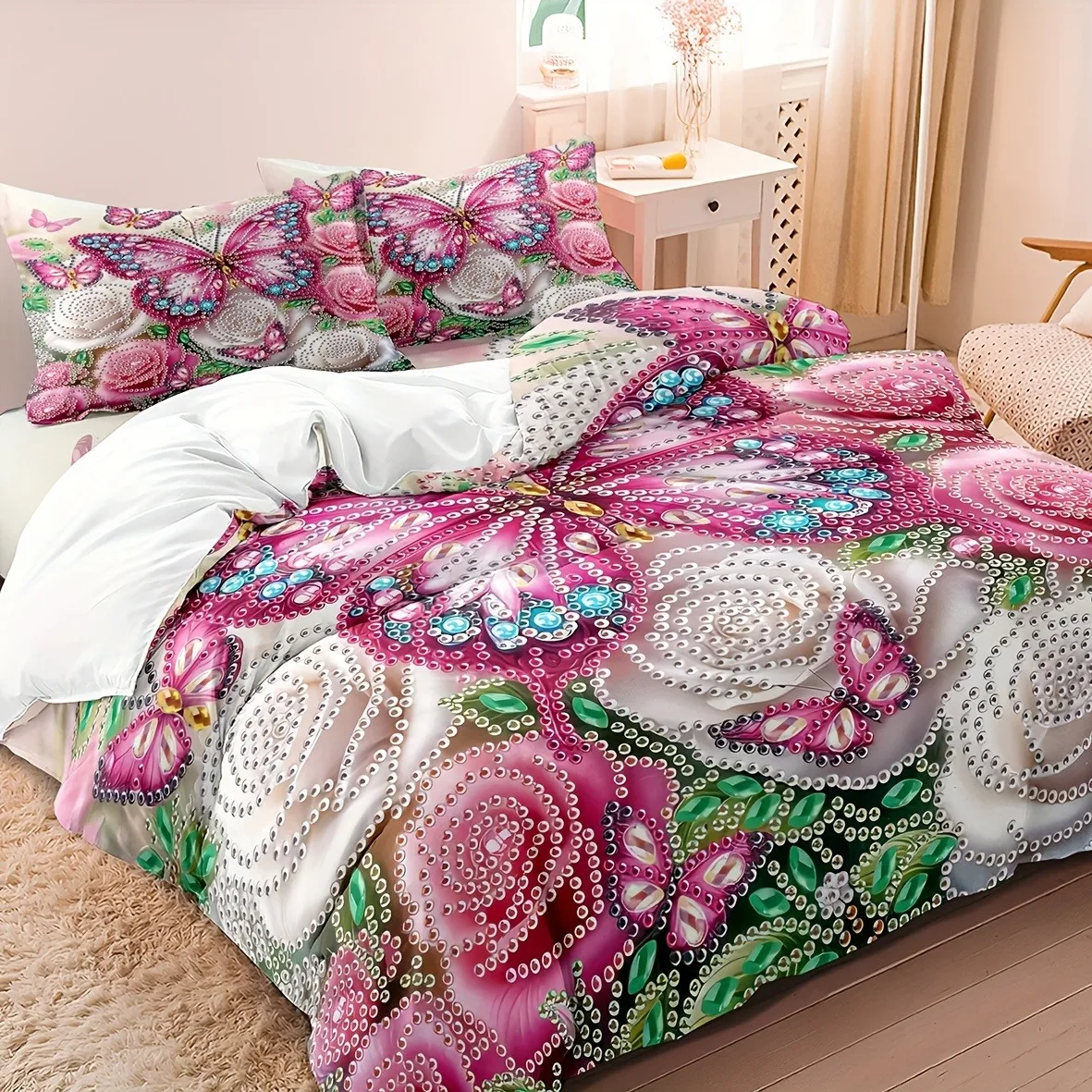 Wunderschönes Schmetterlings-Bettwäsche-Set, 3D-gedrucktes Bettbezug-Set für Mädchen, Schlafzimmer-Dekoration, weiches Einzel-, Twin-, Doppel-, Queen-Size-Bett-Set – Detail 4