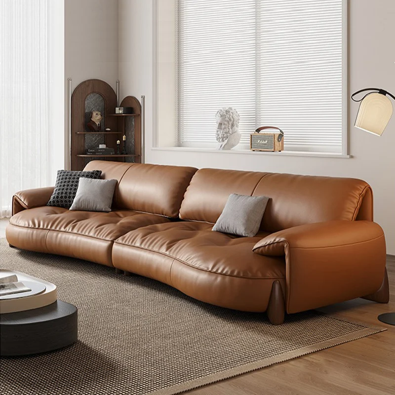 #Italian Minimalist Modern Design Genuine Leather Modular Sectional Sofa Elephant Ear Retro Straight Row Small Apartment Living