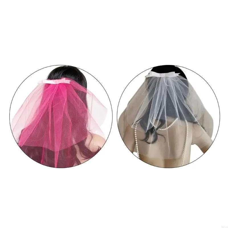 W0YA Bridal Bowknot Veil for Bachelorette Party Hen Party Ribbon Tulle for Wedding Double Layer Wedding Veil Head Covering