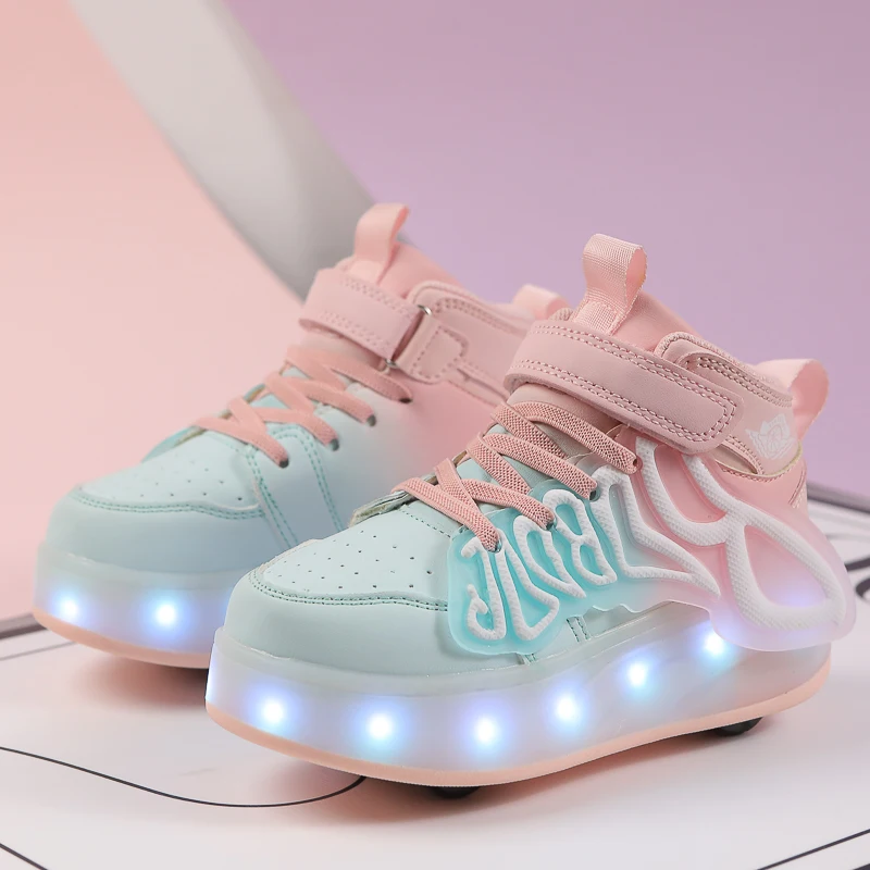 

2025 Spring & Autumn New Girls' Wheel Shoes: Rotating Buckle Light-Up Sneakers & Roller Skates