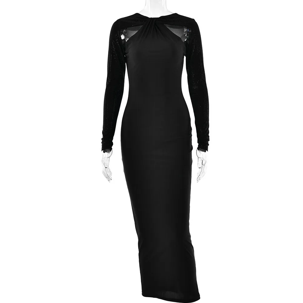 แฟชั่นฤดูใบไม้ผลิ/ฤดูร้อน 2023 ชุดเดรสเซ็กซี่ทรงเข้ารูปประดับคริสตัลและงานปะติดแขนยาว