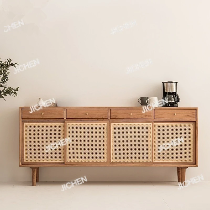 

Japanese-style rattan dining side cabinet household living room multi-functional storage cabinet modern simple flat door solid w