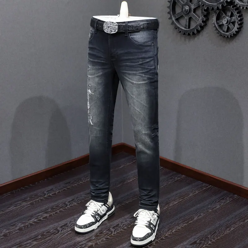 

High Street Fashion New Black Men's Jeans Letter Embroidered Washed Nostalgic Perforated Patch Jeans Hip Hop Brand Pants Hombre