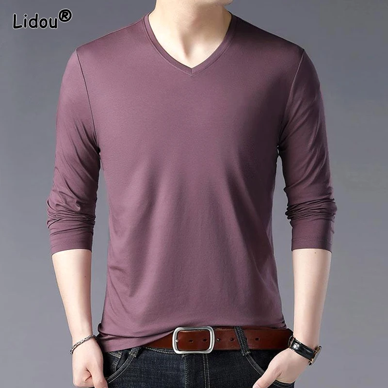 Men's 2023 Autumn and Winter Pullover V-neck New Ice Silk Solid Color Loose and Versatile Fashion Commuting Long Sleeved Tops