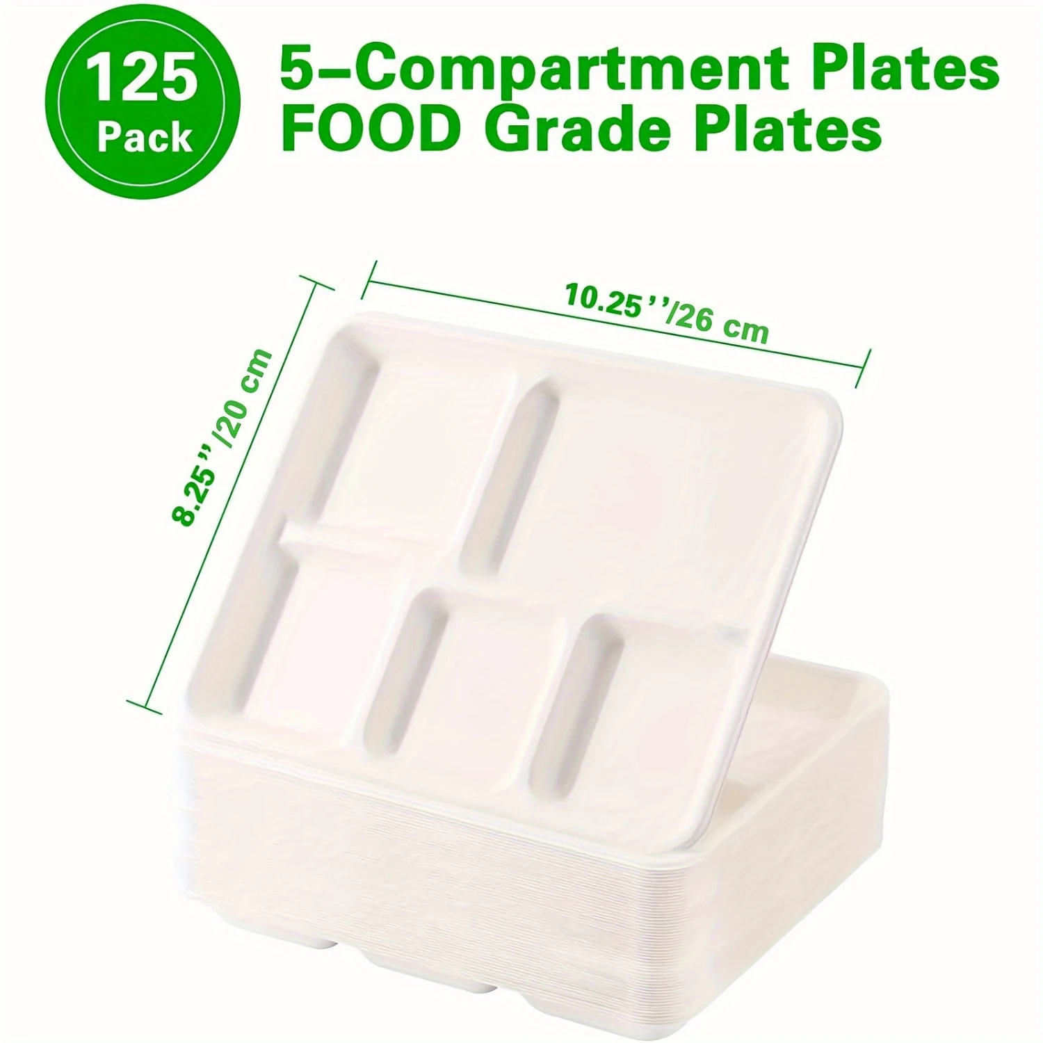 125 Pack Disposable Plates with Compartment - 100% Compostable Plates Disposable, 8 * 10 inch Heavy Duty Paper Plates with 5 Com