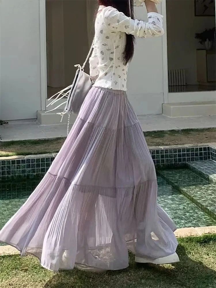 Spring Summer Korean Fashion Women Long Skirts High White Purple Chic Long Elegant Women's Skirts  All Match A Line Cake Skirtme