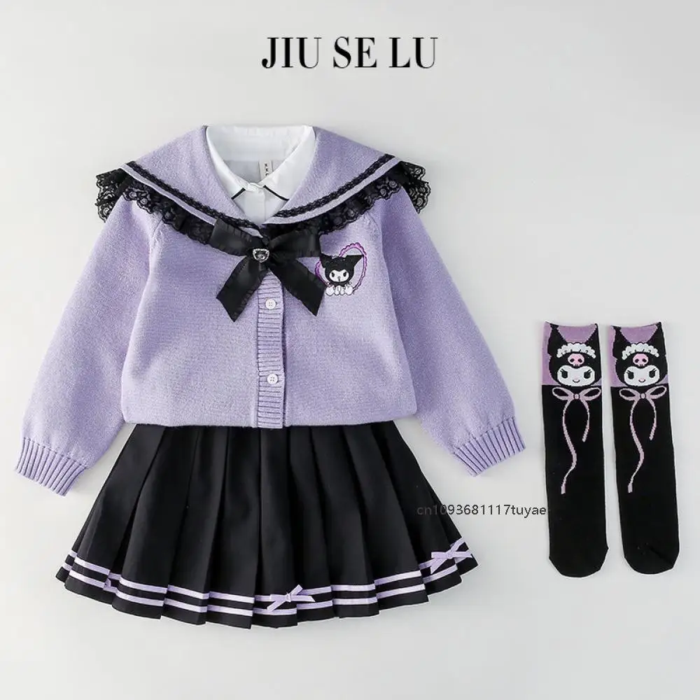 New Kuromi Children Jk Set Anime Sanrioes Y2K Kawaii Doll Collar Cardigan Shirt Pleated Skirt Teen Spring College Style Sweater