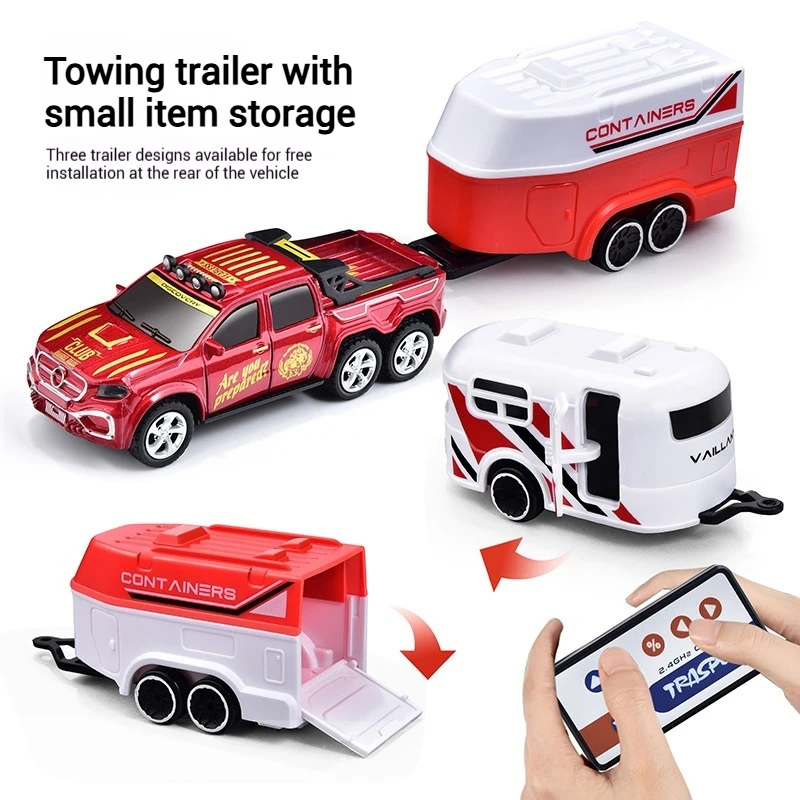 1:64 Mini High Alloy RC Car 2.4G Rechargeable Remote Control Off-Road Vehicle with Trailer Adjustable Speed Simulation Model Toy