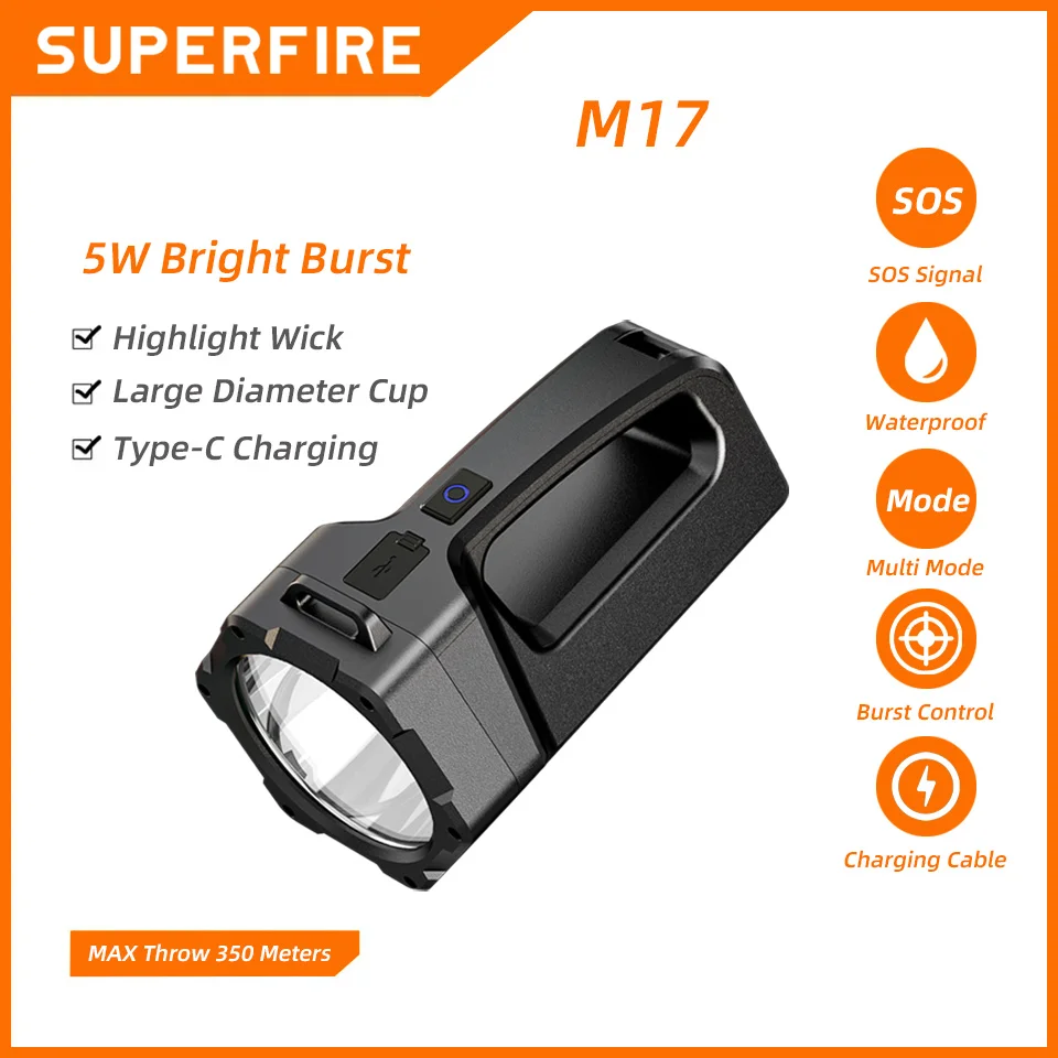 

SUPERFIRE M17 LED Flashlight Portable Spotlight Powerful Searchlight Rechargeable Handheld Torch Outdoor Waterproof Camping Lamp