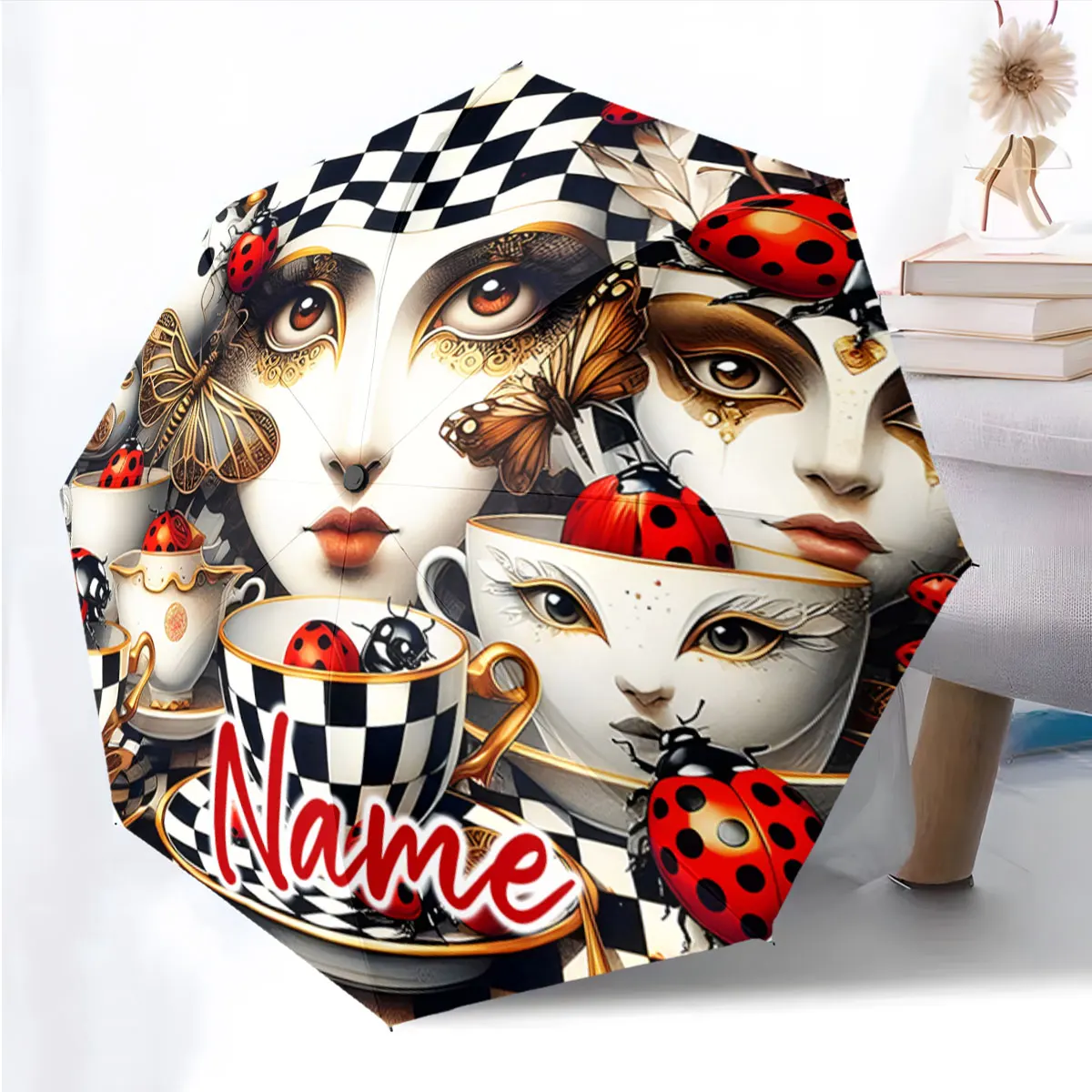 Custom Name Umbrella Surreal Tea Party Design on Umbrella Print 8 Iron Ribs Folding Umbrella Auto-Open Fashion Sunshade