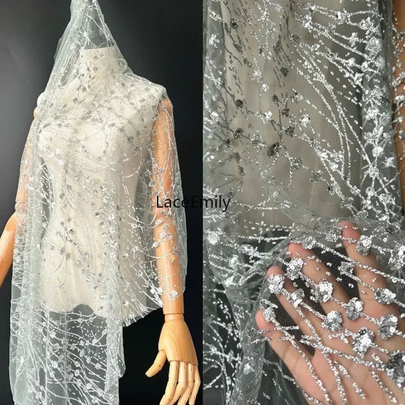 Glitter sequin embroidery lace fabric Shiny Shimmering Light purple Wave Tulle Fabric For wedding dress prom   lace 51