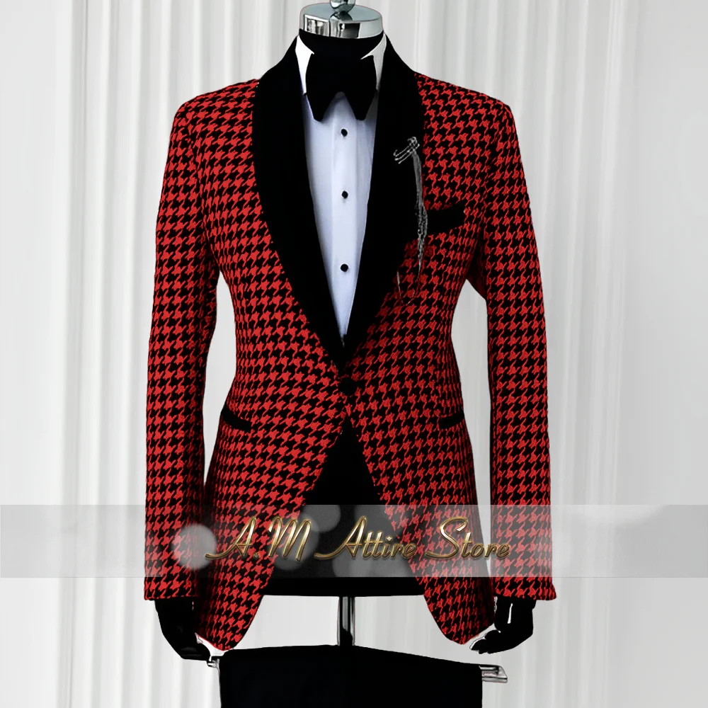 Men's Formal Suit in Black & White Houndstooth Pattern 2 PCS Jacket Pants Tailored Evening Set for Wedding Galas & Black-Tie Eve