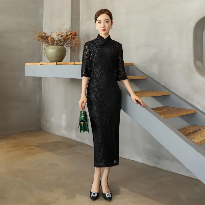 Cheongsam Elegant Retro Long Slim-Fit Dress High Slit Ruffle Lace Costume Mom