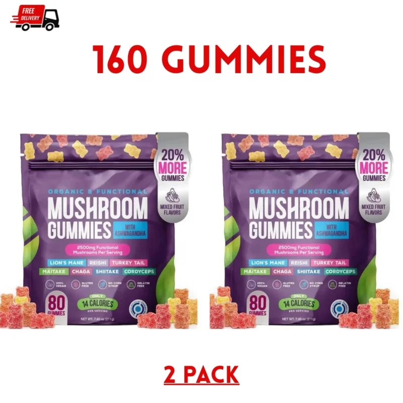 2 PACK Natural Mushroom Supplement Gummies Ashwagandha Shiitake 80 Counts Fruit Flavor