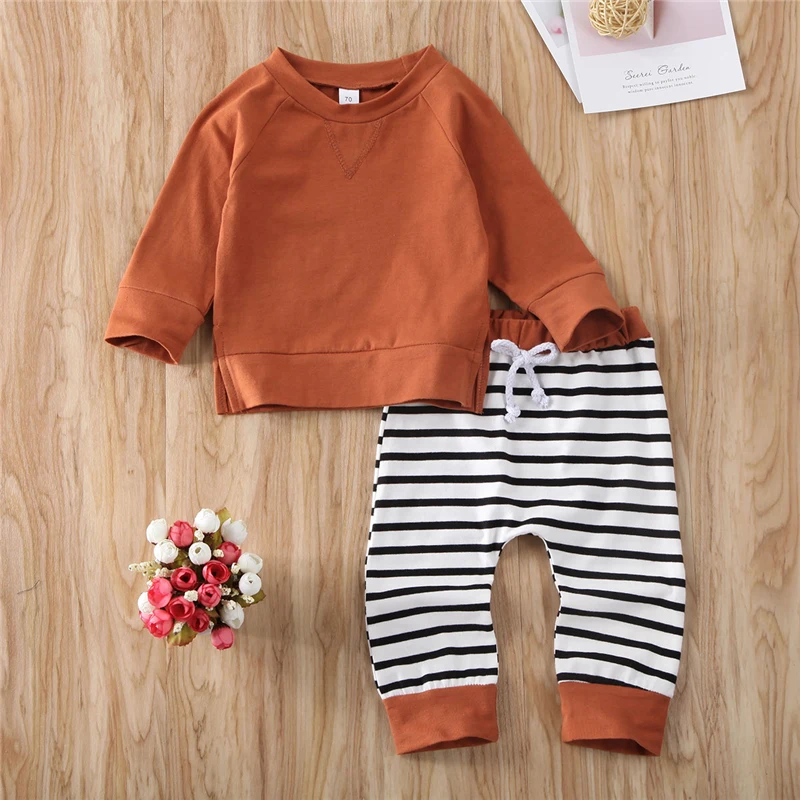 6-24Months Newborn Baby Boys Baby Girl Infantil Clothes Solid Cotton Tops T-shirt +Stripe Pants Leggings 2pcs Outfits Set