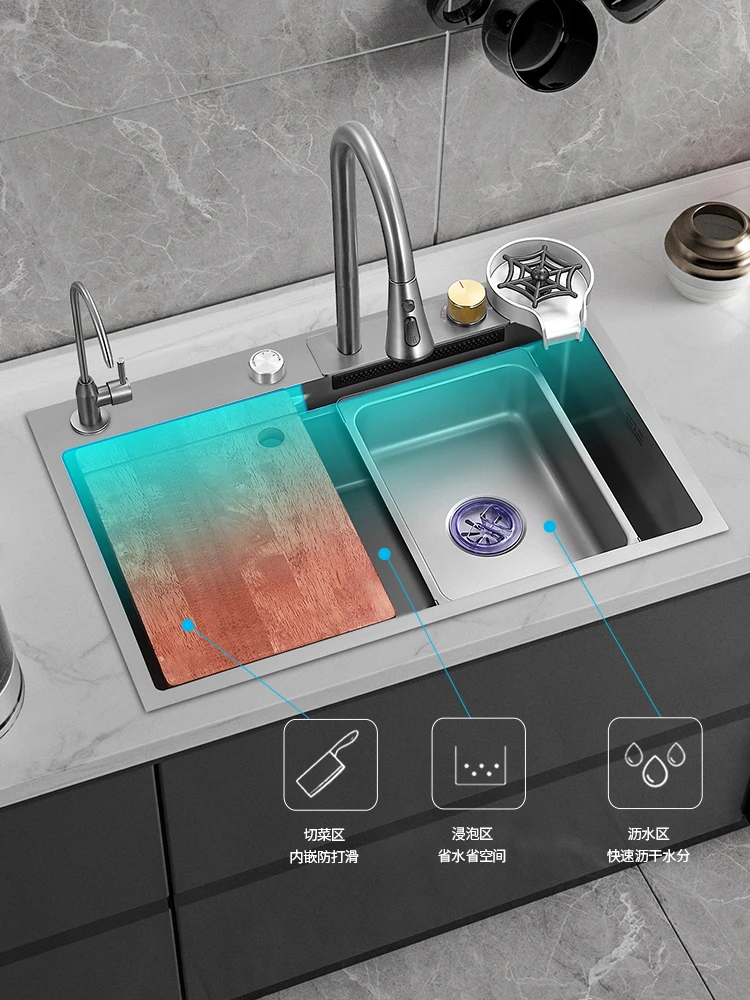 

304 Stainless Steel Large Single Sink, Raindance Waterfall, Home Kitchen Sink, Dishwashing Sink, Undercounter Gun Ash