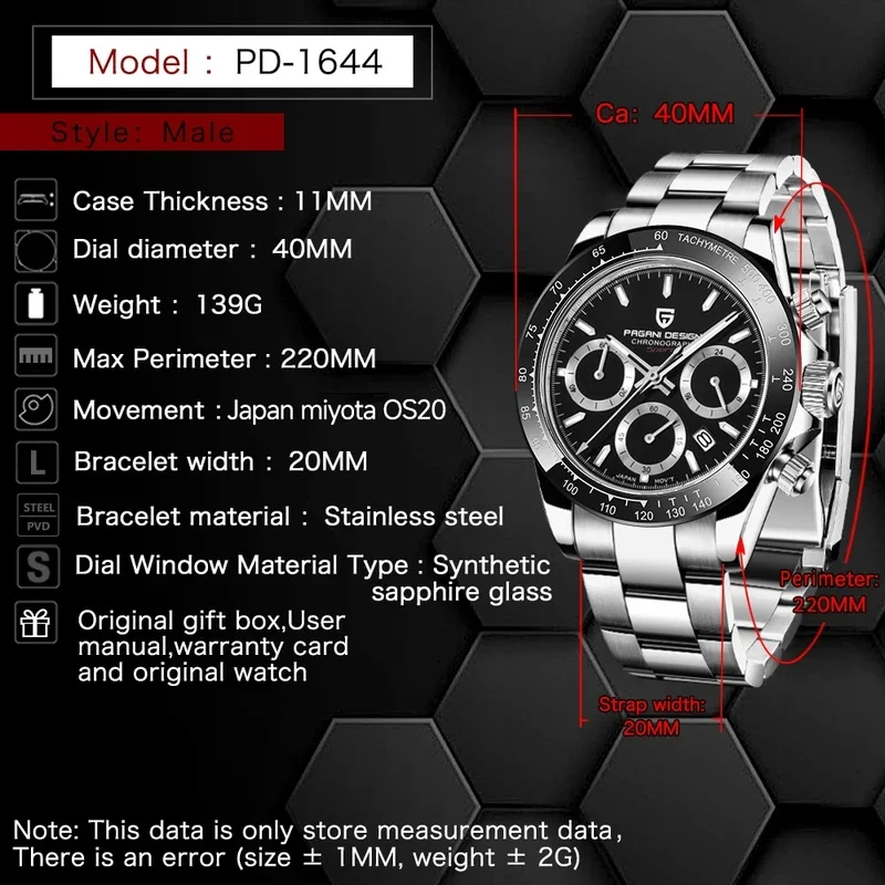 PAGANI DESIGN Men's Quartz Watch Modern Waterproof Stainless Steel with Practical Sapphire Glass Simple Chronograph