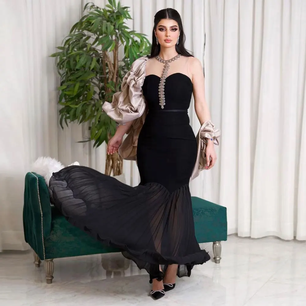 

Rose Novias Sexy Prom Dress Velvet Mermaid Crew-Neck Applique One Shoulder Draped Saudi Arabian Women Floor Length Evening Gown