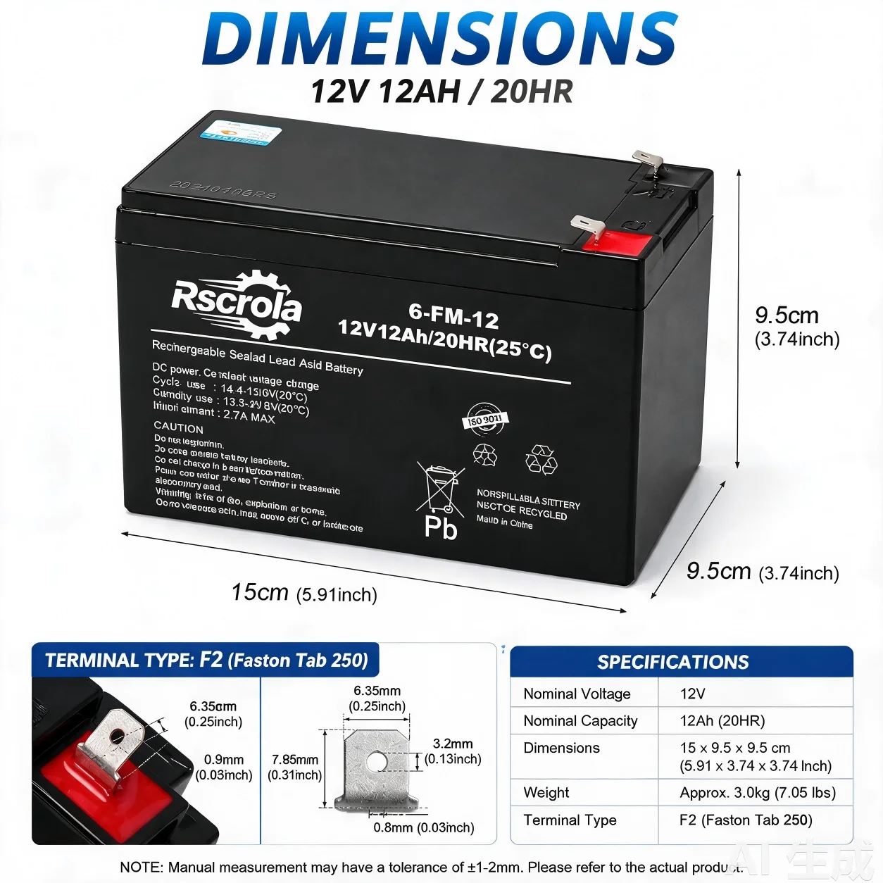 12V 12Ah Rechargeable Sealed Lead Acid Battery SLA AGM Deep Cycle for UPS Alarm Solar Emergency Light Toy Car Backup Power