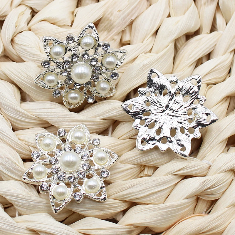 10Pcs 28Mm Rhinestone Kim Loại Ngọc Trai Cutout Tự Làm Váy Cưới Tóc Đồ Trang Sức Phụ Kiện Trang Trí