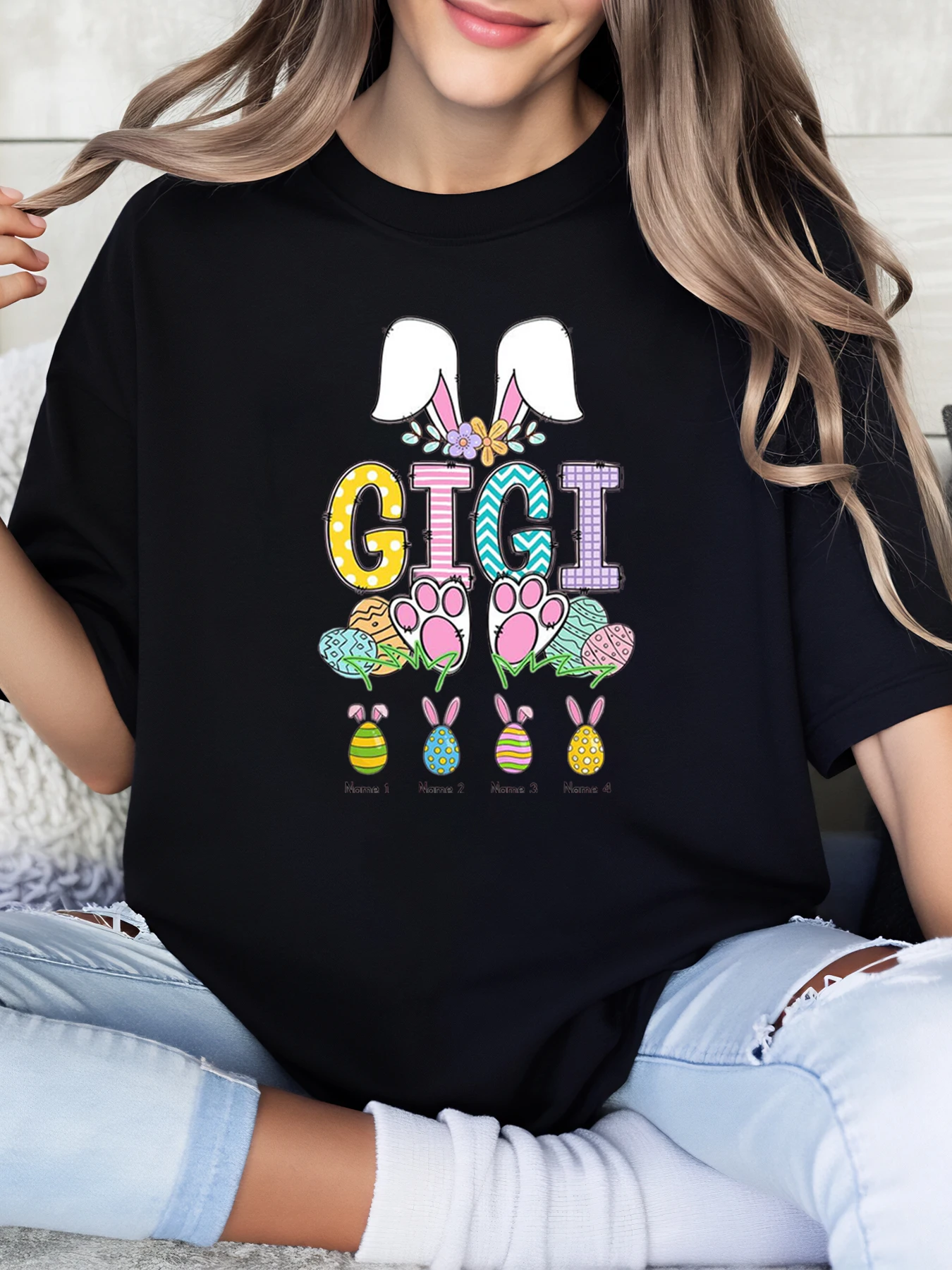 

Easter Bunny Ears Gigi with Eggs and Paws Print t Shirt Easter Women Casual Wear Black Plus-Size