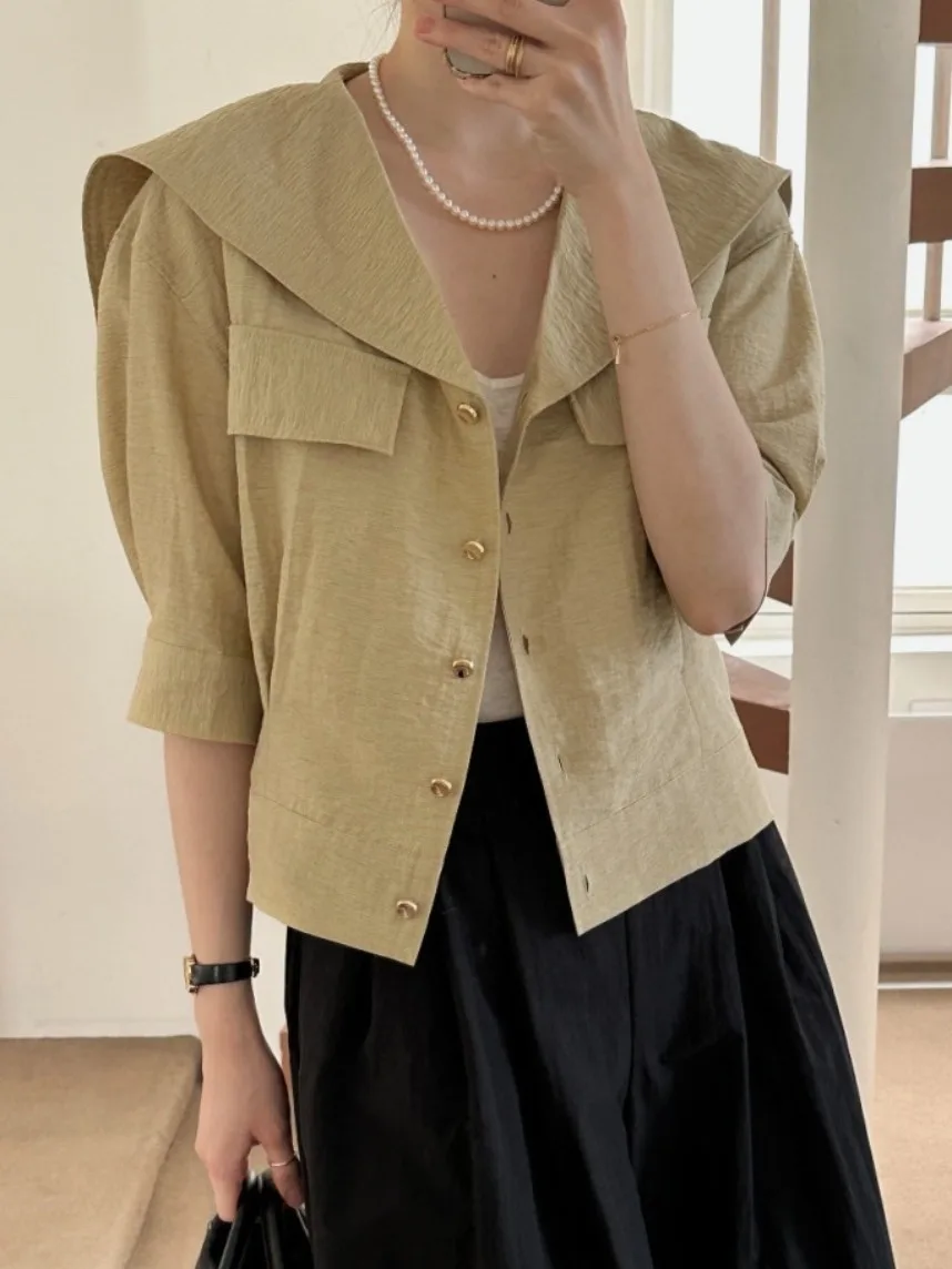 

Chic Summer Vintage Navy Collar Loose Casual Metal Button ort Sve Outerwear for Women Sli Versatile Five-Quarter Length