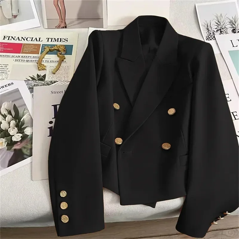 Women\'s Fashions Double Breasted Crop Blazer Korean Solid Long Sleeve Suit Coat Office Ladies Elegant Short Jacket Female Coat