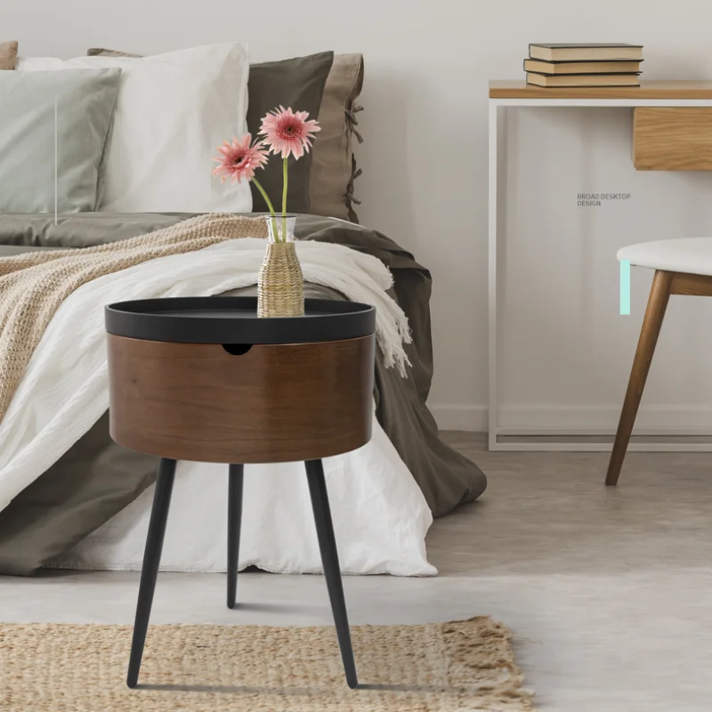 Formwell STK18 Bedside Table Small Coffee Table with Storage Barrel Surrounding Edge Top with Metal Legs Large Storage Space