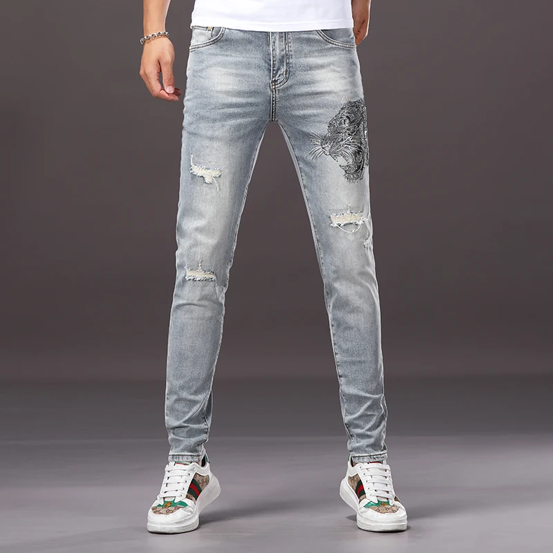 

CJ6815 European hot stamping, drilling,hole patching, distressed craftsmanship, jeans for men, slim fit, elastic, and small feet