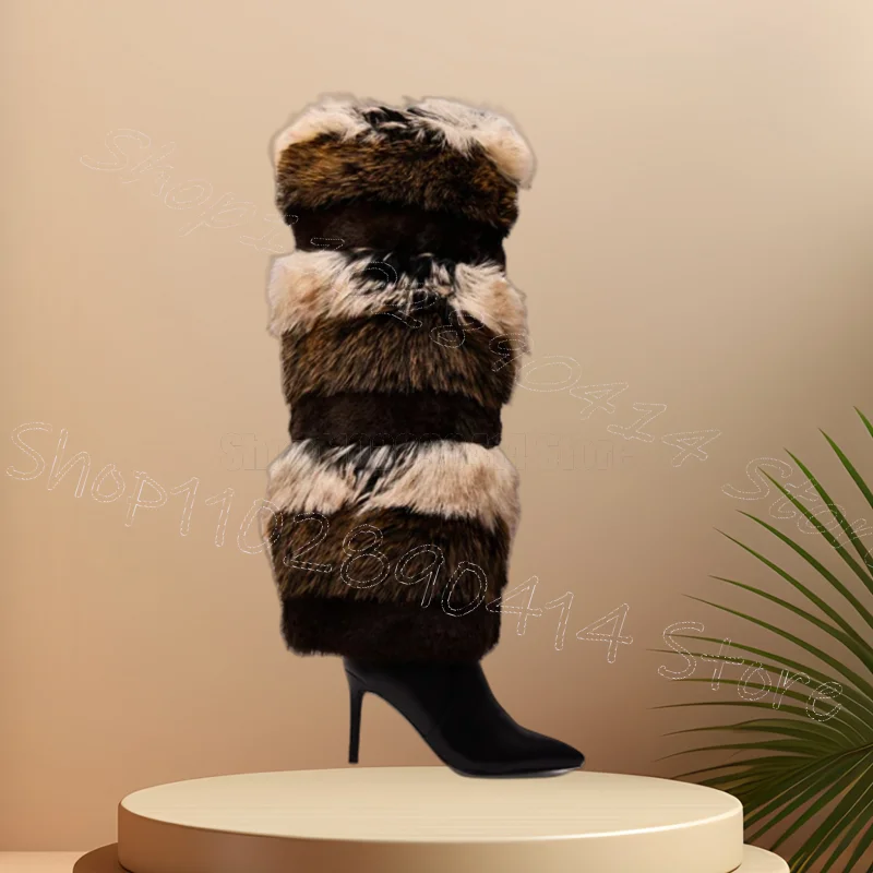 

Colorful Stripe Fur Design Pointed Toe Boots Slip On Women Shoes Thin High Heels Fashion Party Banquet 2025 Zapatos Para Mujere