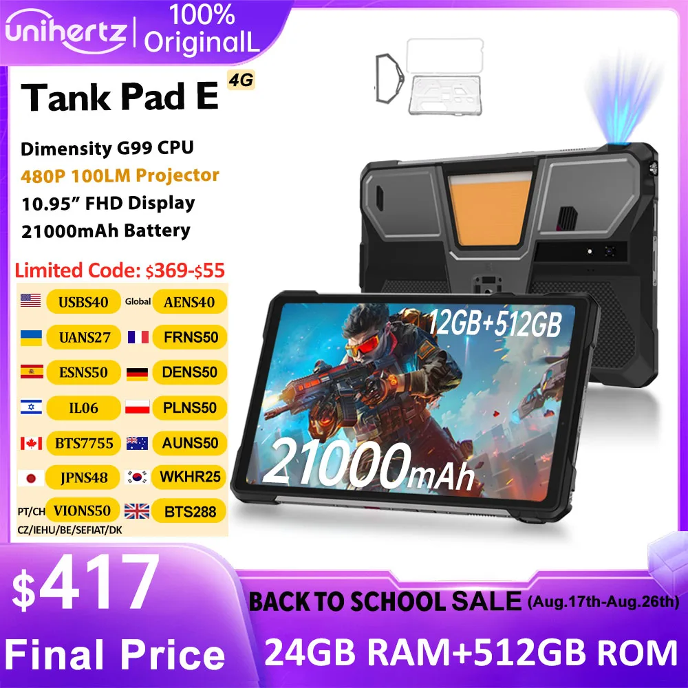 Unihertz 8849 TANK PAD E Robustes Tablet mit Projektor 21000 mAh 120 Hz IP68/IP69K 24 GB 512 GB 66 W 10,95 Zoll Tablet Android 14 4G