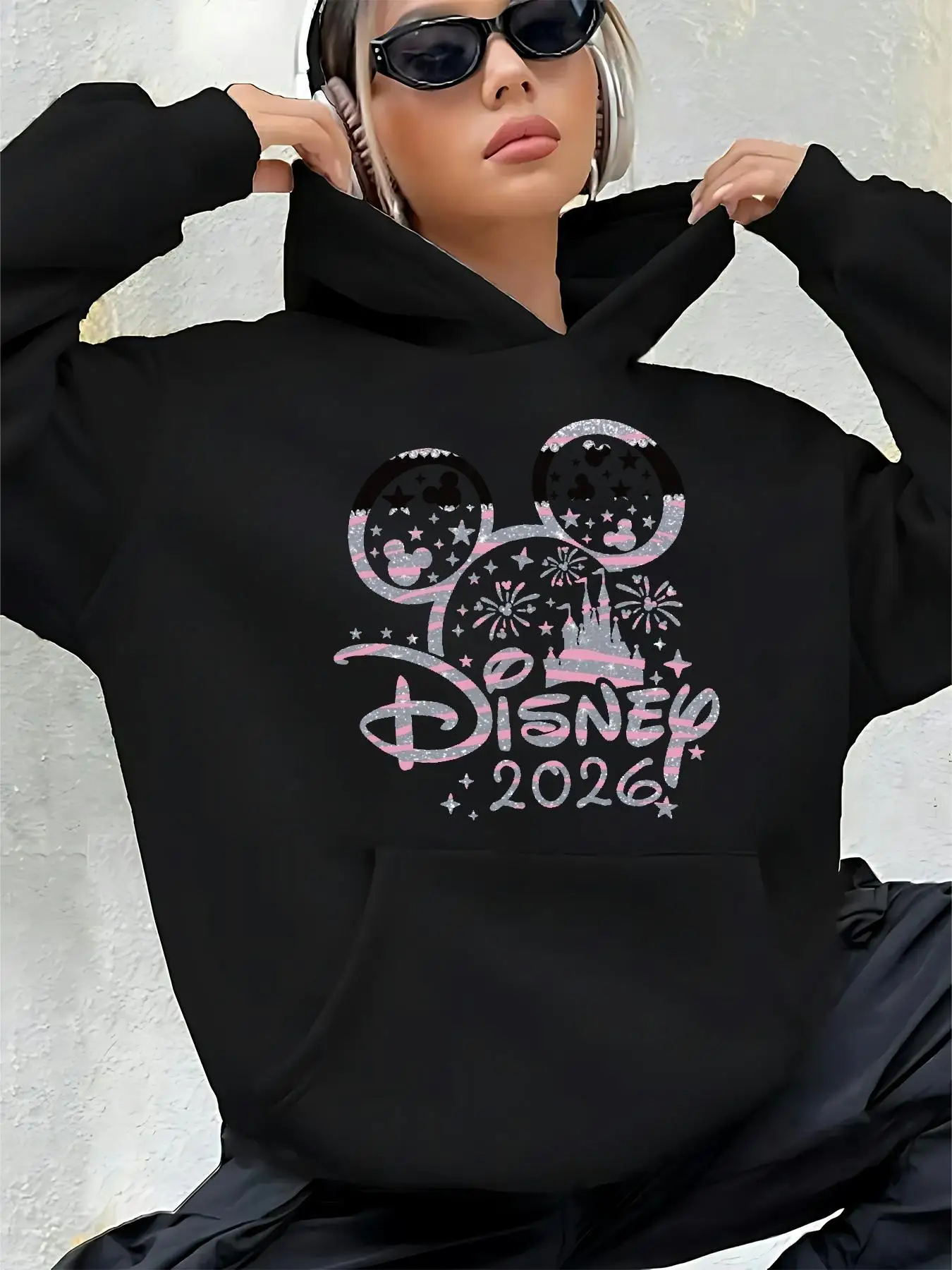 المرأة ديزني 2026 ميكي ماوس نمط الخريف والشتاء الصوف مقنعين البلوز للجنسين الشارع الشهير المتضخم فضفاض عادية