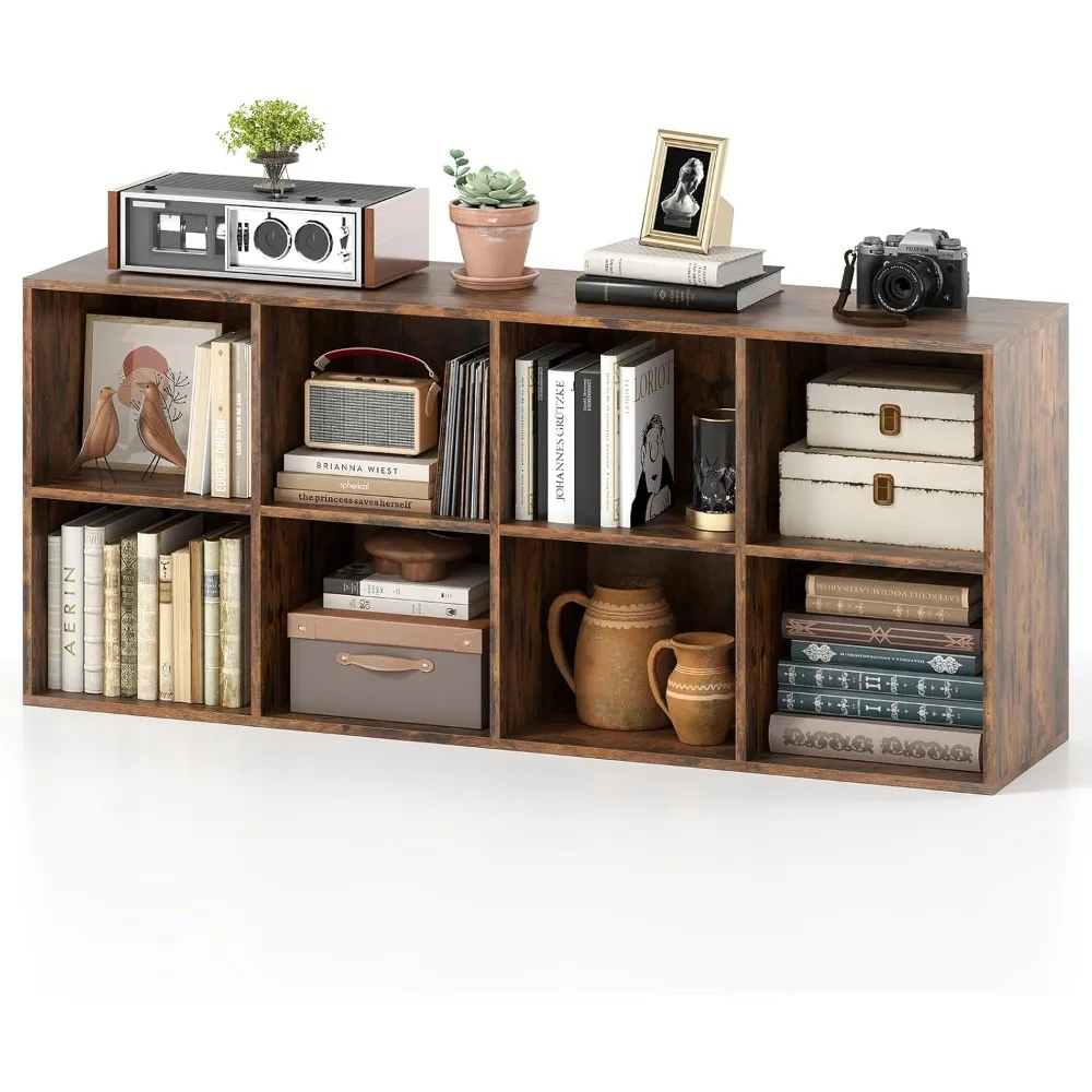 Large Horizontal Floor Bookshelf with 8 Open Shelves and Anti-Tipping Features for Home Office Wood Storage